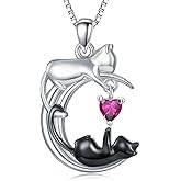 LONAGO White Cat and Black Cat Moon Pendant Necklace Sterling Silver Cat Necklace Jewelry Gift for Women