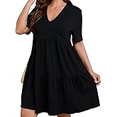 SOLY HUX Women's Plus Size V Neck Short Sleeve A Line Ruffle Hem Babydoll Flowy Dress