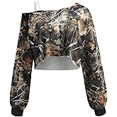 WDIRARA Women's Camo Cold Shoulder Sweatshirt Asymmetrical Neck Long Sleeve Pullover Crop Tops Streetwear