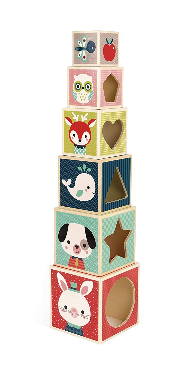 Janod - Baby Forest 6-Cube Wooden Pyramid - Early Learning Toy - Stacking and Building Toy - Fine Motor Skills and Manipulation - from 1 Year Old, J08016