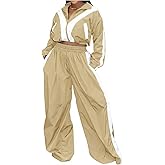 Women Striped 2 Piece Outfits Fall Workout Sets Windbreaker Tracksuit Crop Jacket Wide Leg Pants with Pockets
