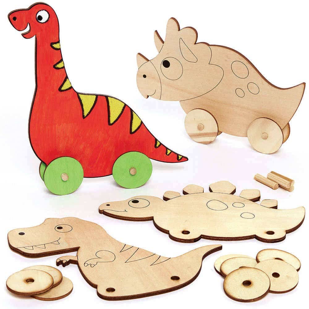 Baker Ross FC830 Dinosaur Wooden Racer Kits - Pack of 4, Kids Party Bag Craft, Racing Wood Craft Toys for Kids