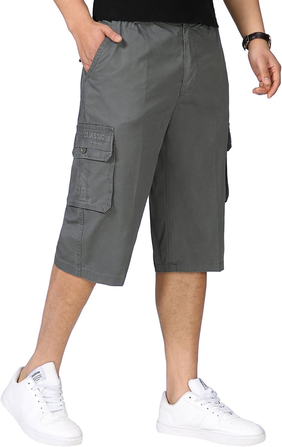 GopuneMens 3/4 Cargo Shorts Pockets Cotton Combat Long Short Trousers Pants Casual Summer Military Elasticated Waist