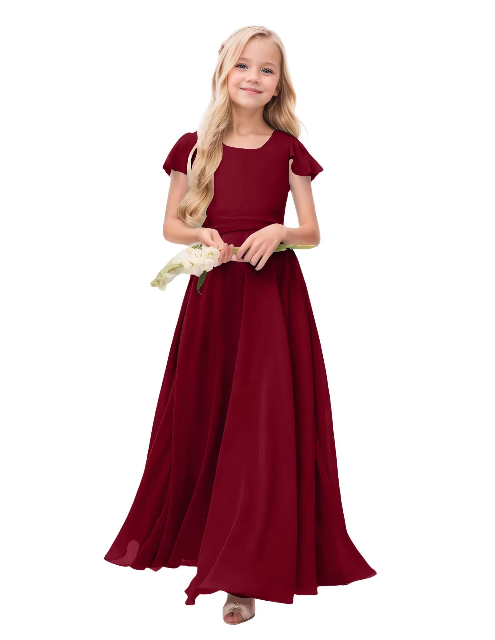 Photo 1 of SHDOWARTH Junior Bridesmaid Dresses for Girls Chiffon Maxi Dress Ruffle Sleeves Formal Flower Girl for Wedding Teen Prom Gowns First Communion Dress Burgundy, 14