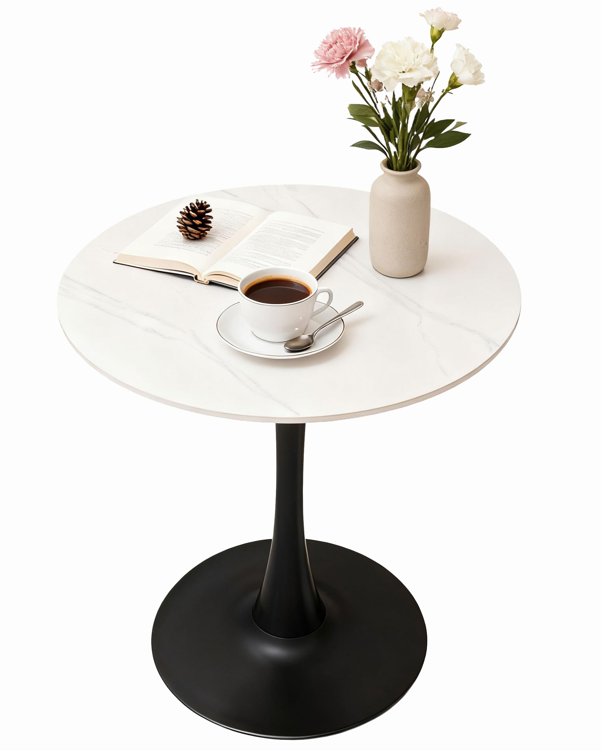 27.6" round dining table with marble top and iron base - modern & elegant design for home & restaura