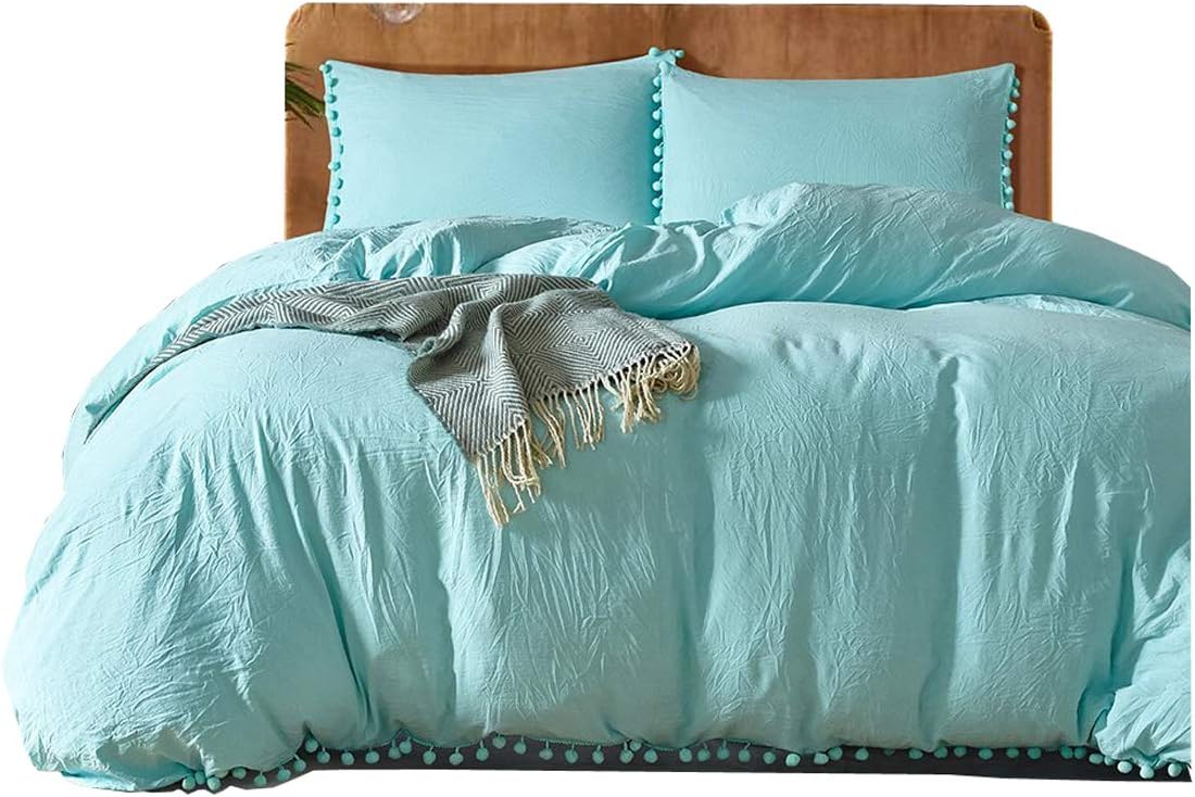Meaning4 Pom poms Fringe Duvet Cover Set Polyester Queen Size Turquoise Blue Aqua 3 pcs(1 duvetcover + 2 Pillowcase)