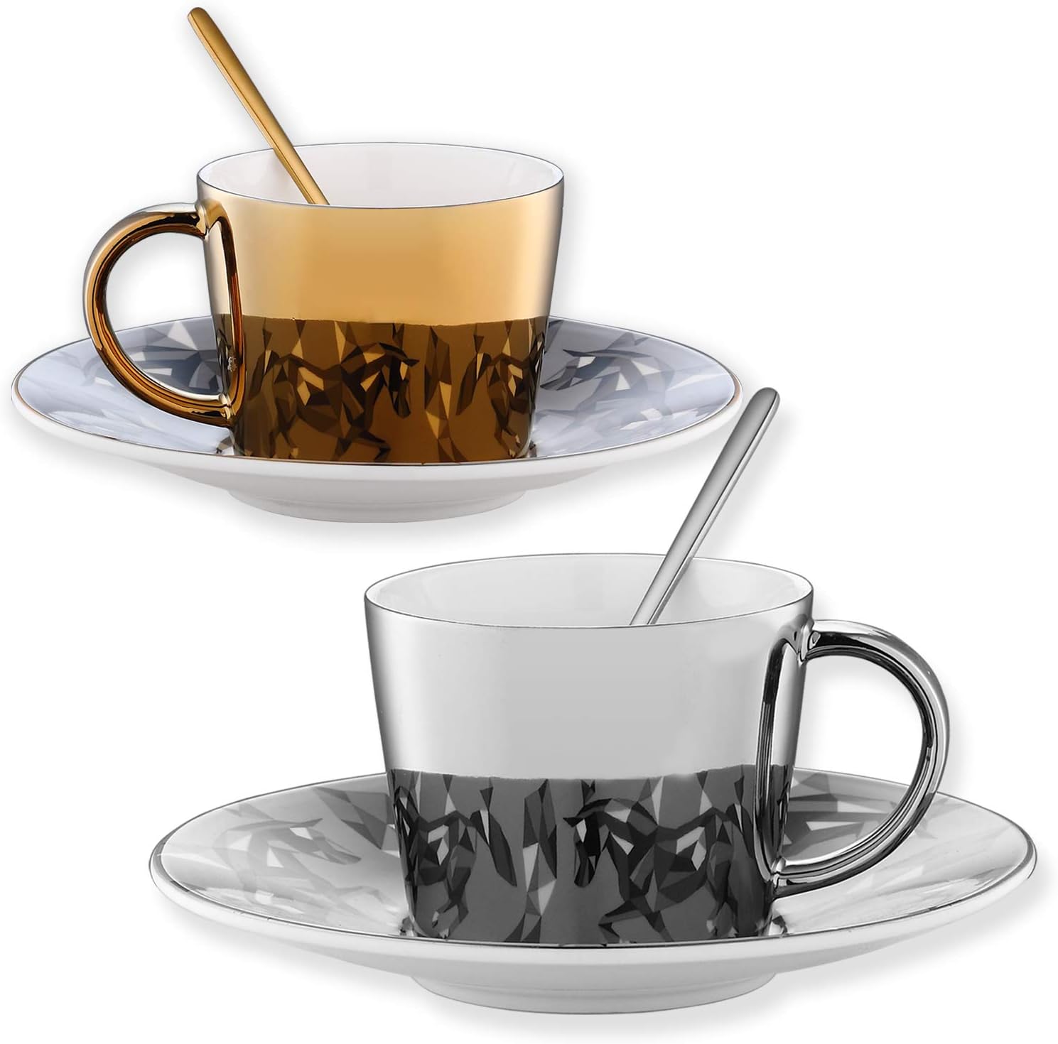 Geiomo Ceramic Espresso Cups with Saucers, 7.5 Ounce, Mirror Inverted Image Coffee Cup for Cappuccino, Latte, Cafe Mocha and Tea, Set of 2, Golden and Silver (3.3 Inch, Horse)