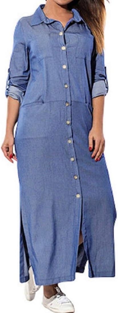 Women's Long Sleeve Denim Long Dresses Loose Plus Size T-Shirt Dress Pockets
