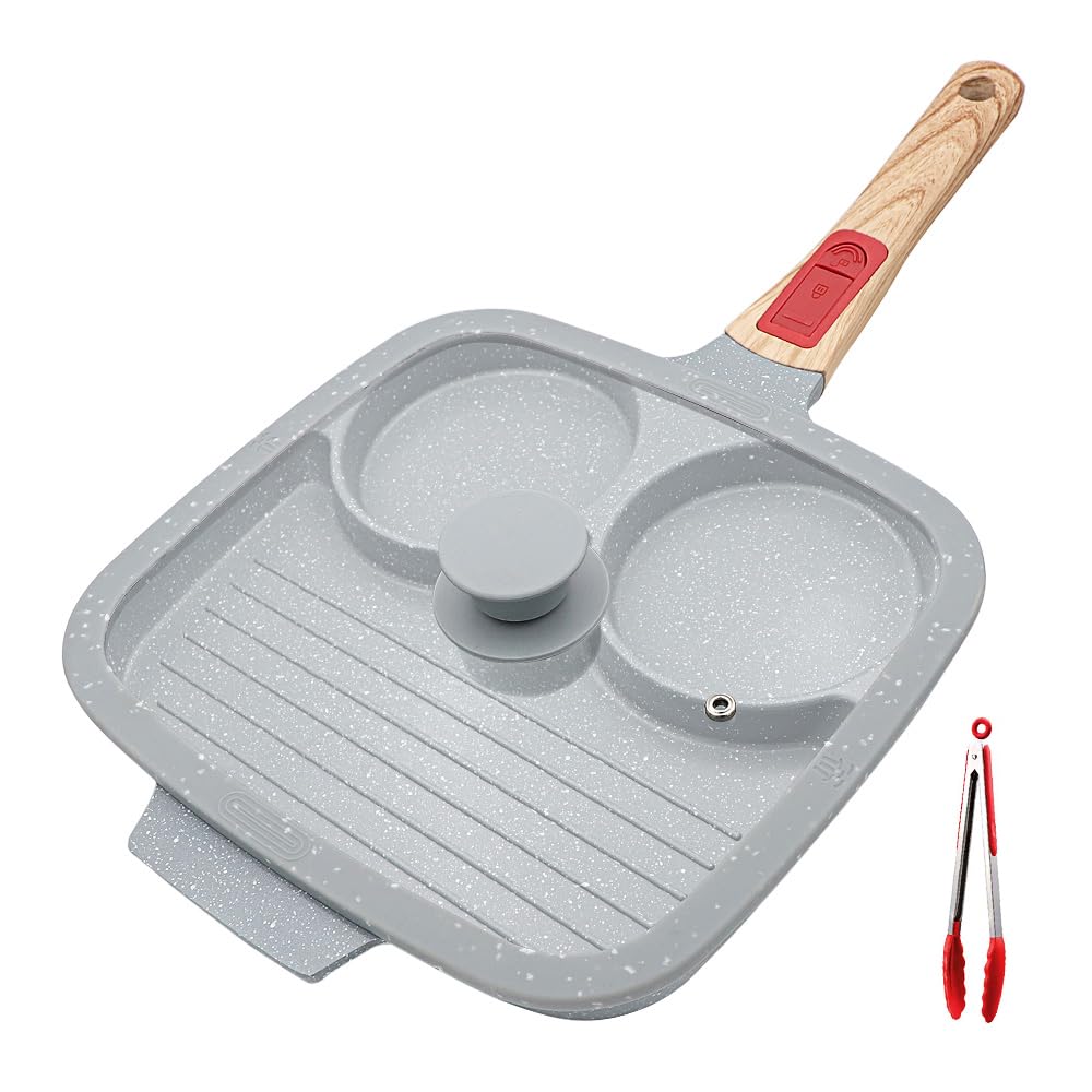 RANX INGST Divided Frying Pan with Lid 3 in 1, Non Stick Ceramic Coating, 26 cm Multi Section Egg Frying Pan with Detachable Handle Breakfast Pan - Blue