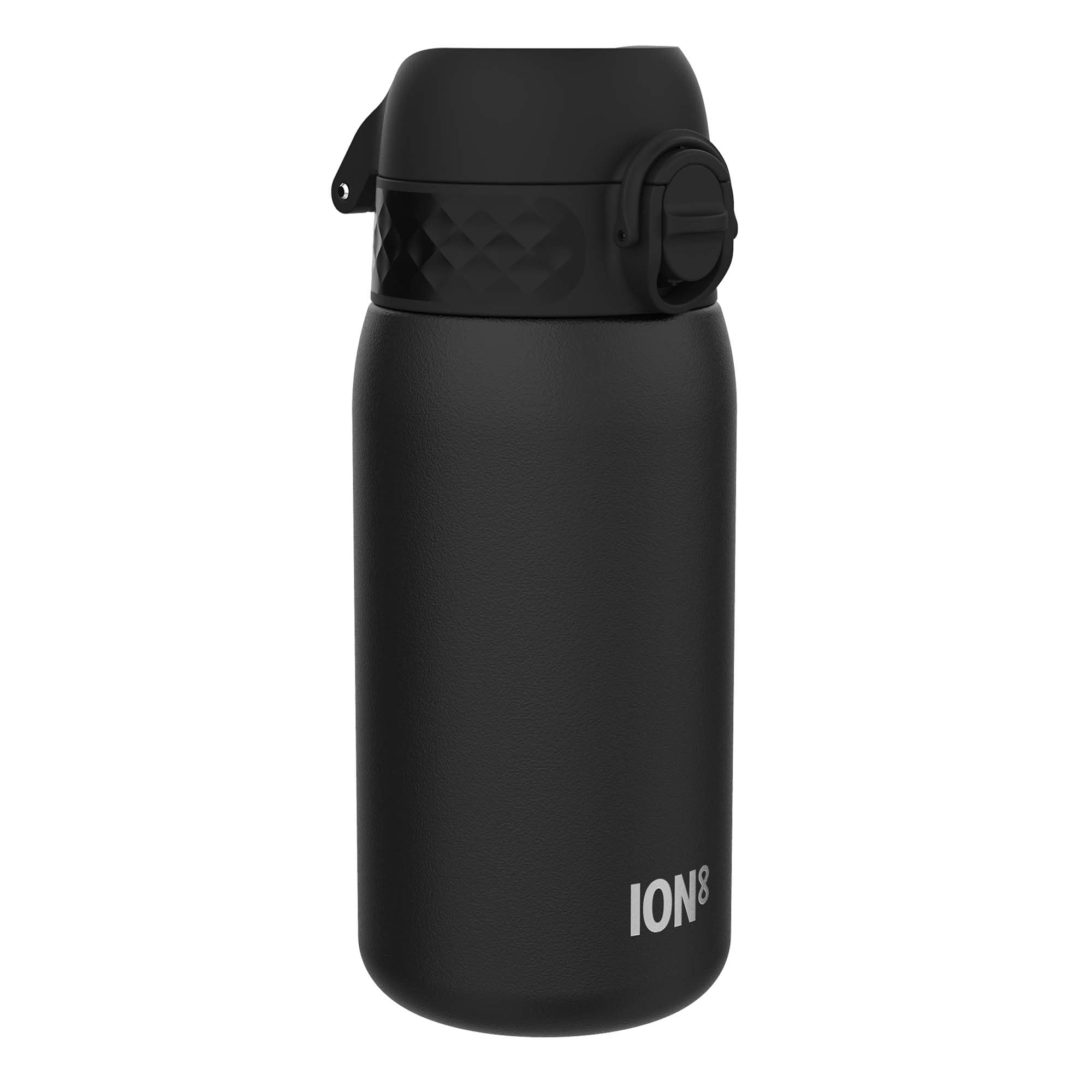 ION8 Lightweight Steel Kids Water Bottle, 400ml/13oz, Non-Insulated, Leak Proof, Easy to Open, Secure Lock, Dishwasher Safe, Fits Cup Holders, Carry Handle, Metal Water Bottle, Black