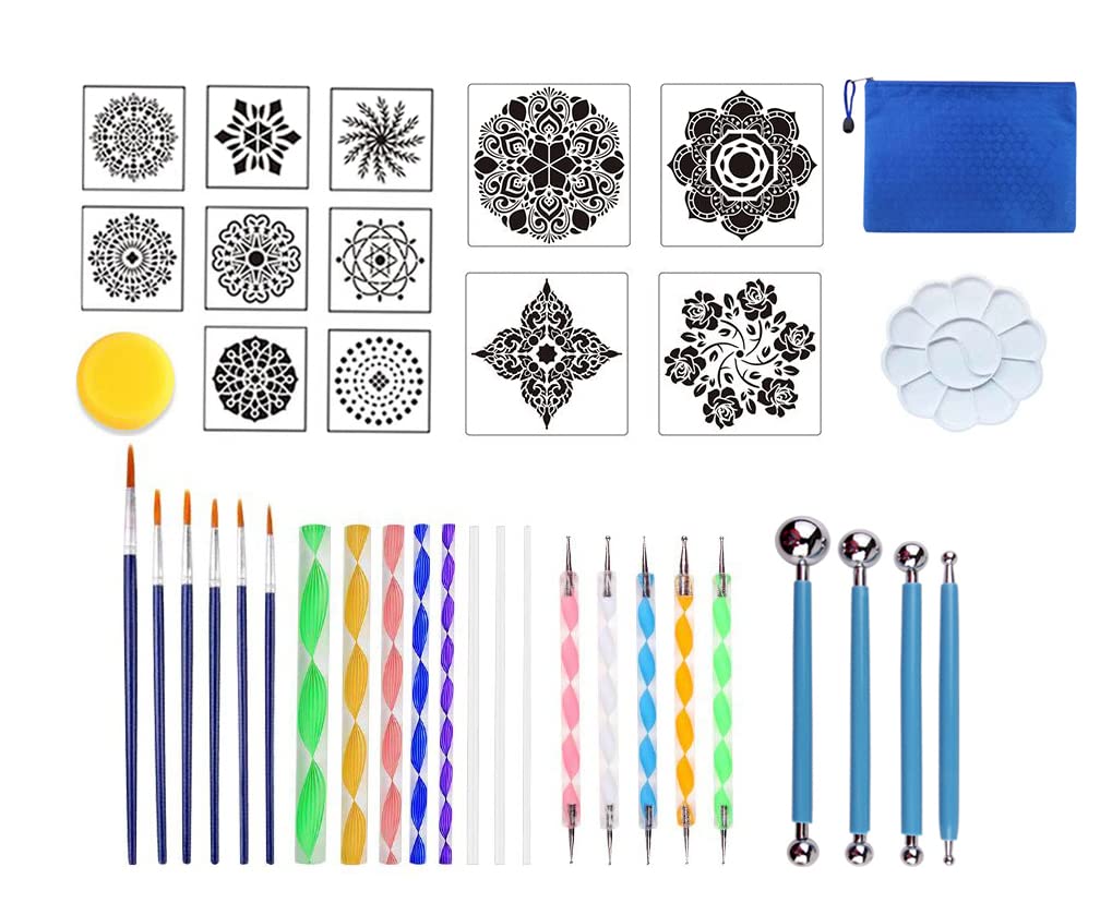 Becho 38 Pieces Mandala Dotting Tools Different Mandala Stencils Paint Tray Paint Brushes Acrylic Rods and More for Rock Painting,Crafts,Nail Art,etc.