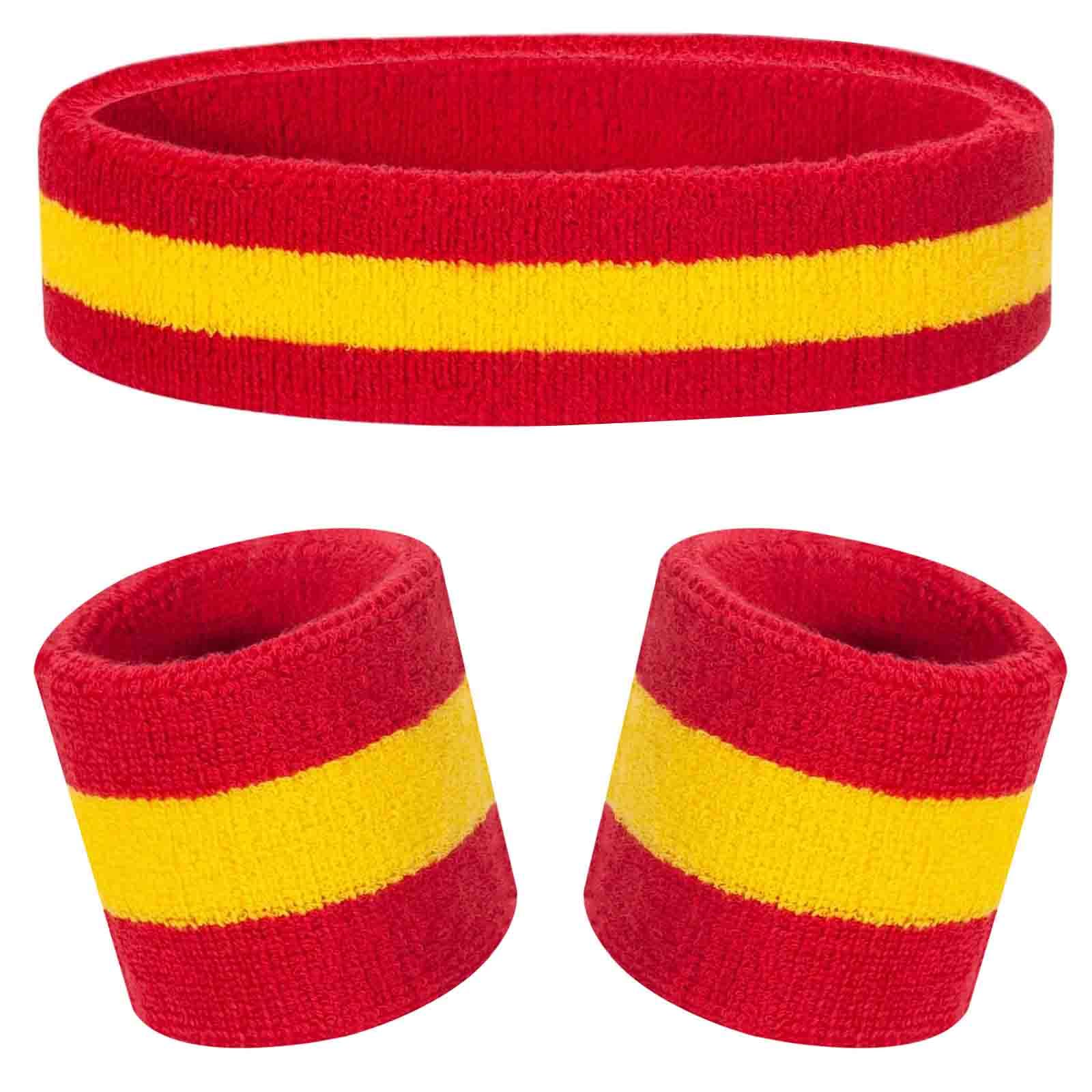 Kids Sweatbands Headband Wristband Set - Athletic Cotton Sweat Band for Sports - Ultimate Sweat-Absorbing 3-piece Set (1 Headband + 2 Wristbands) (Red+Yellow)