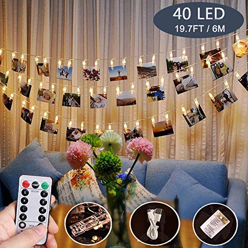 Photo Clips String Lights,40 LED Fairy String Lights for Hanging Pictures,8 Lighting Modes USB/Battery Powered Decor Lights with Remote for Bedroom Wedding Parties (19.7 ft/Warm White) - Thumbnail 7
