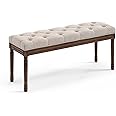 LUE BONA 44" Bedroom Bench, Fabric End of Bed Bench, Upholstered French Tufted Ottoman Bench with Carved Dark Brown Wood Legs for Bedroom End of Bed, Living Room, Linen