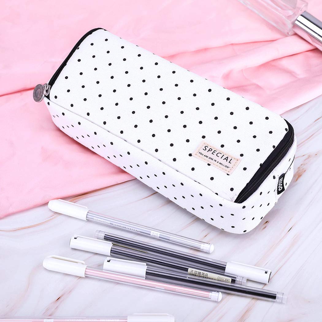 iSuperb Large Pencil Case Big Capacity Pencil Pouch 3 Compartments Pen Bag Canvas Marker Pen Bag for Teen Boys Girls School Students (Black Polka Dot)