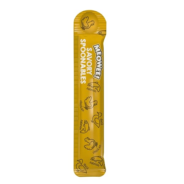 MEOWEE! SAVORY SPOONABLES WITH REAL CHICKEN, SALMON & DUCK, 4 COUNT TUBE, TRIPLE FLAVOR SQUEEZABLE LICKABLE WET TREATS FOR CATS WITH BUILT-IN SPOON FOR LESS MESS