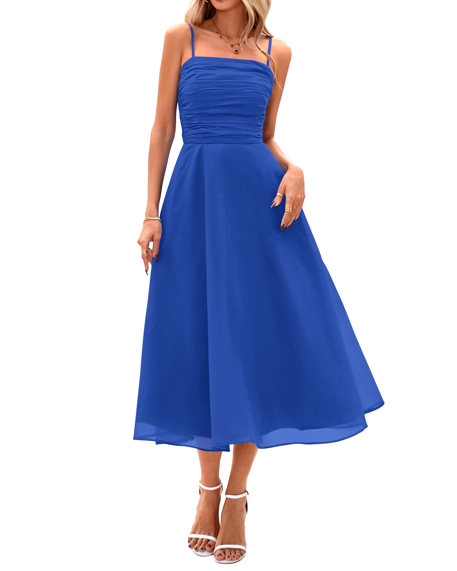 Photo 1 of PRETTYGARDEN Womens Summer Dresses 2025 Spaghetti Strap Sleeveless Smocked Flowy Midi Wedding Guest Dress with Pockets(Blue,Medium)