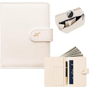 GooodiderX RFID Blocking Passport Holder with AirTag Slot, Travel Wallet | Beige, Magnetic Snap Leather Passport Cover, Pen H