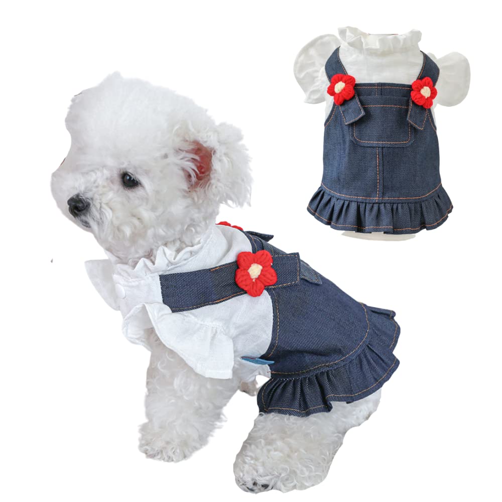 Pet Dress, Sweet Flower Small Dog Skirt Girl Tutu Clothing Puppy Cat Apparel Teddy Clothes Wedding Dresses for Spring Summer_XS(Denim Blue)