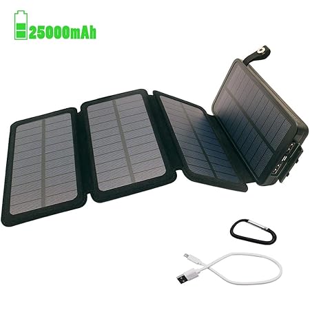 Powerbank Solar Externer Akku 25000mAh Solar Ladegerät mit 4 Solar Panels Dual USB 2.1A, Notfall-Energie mit LED-Licht & Hake