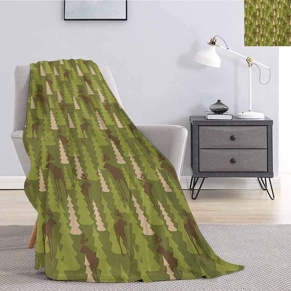 Deer Children's Blanket Animals in The Forrest Mooses and Pine Trees Pattern Canada Foliage Mammal Design Lightweight Soft Warm and Comfortable W70 x L90 Inch Green Tan Brown