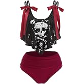 DRESSFO Women's Bikini Set High Waisted Bikini Two Piece Bathing Suit Tummy Control Tankini Gothic Skull Swimsuit