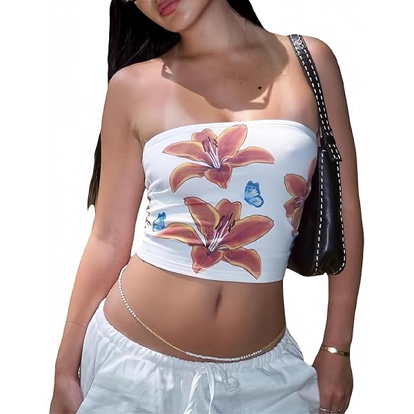 Women Y2k Floral Tube Top Strapless Print Top Sexy Backless