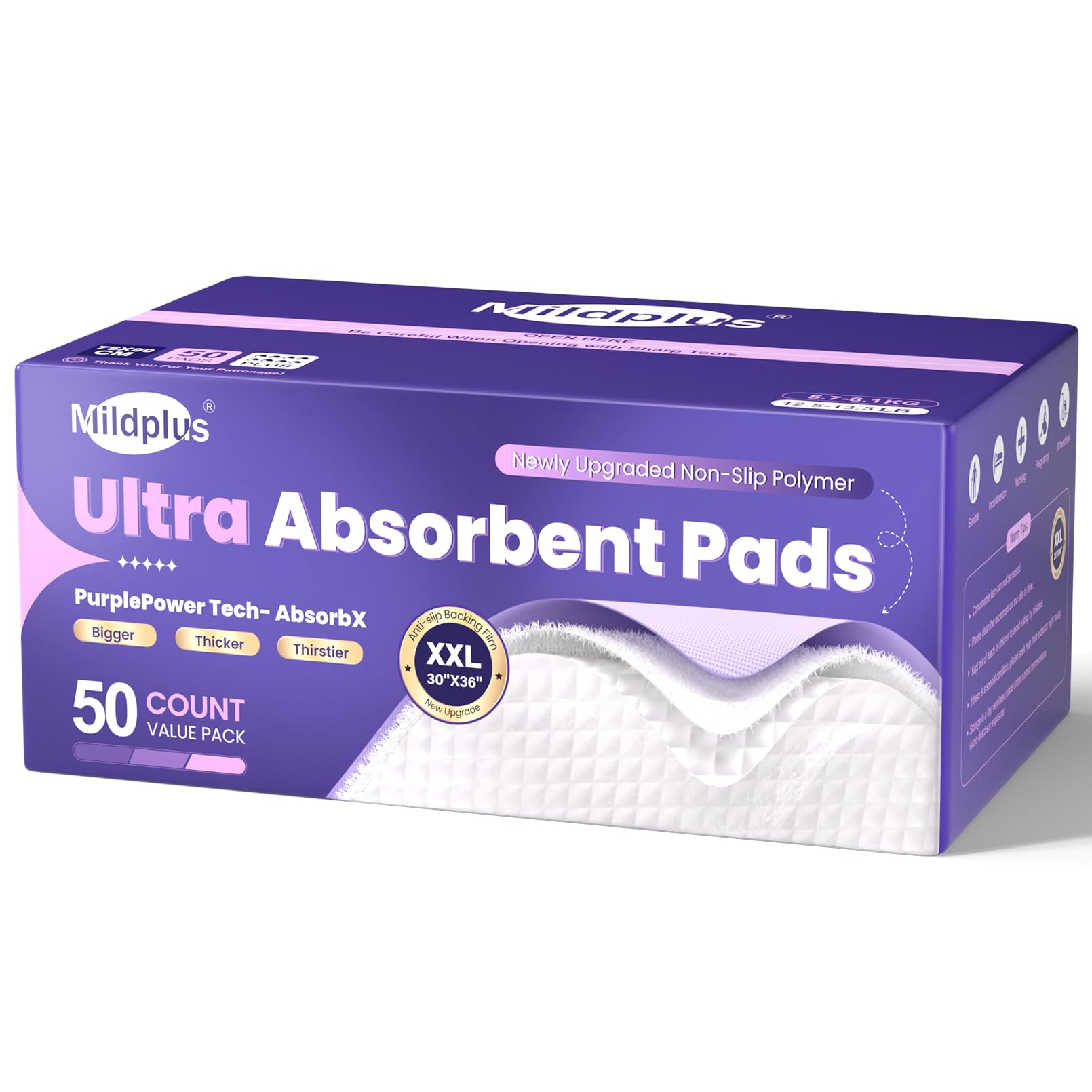 Photo 1 of 110 Grams Heavy Duty Bed Pads 30''X36'', 50 Count MILDPLUS Purple Disposable Underpads with Anti-Slip Film, Extra Large Chucks Pads, 3X Thicker Incontinence Pads for Adults, Kids or Pet