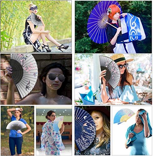 QIQU 6 Pack Handheld Floral Folding Fans Hand Held Women Silk Hollowed Bamboo Fans Hand Holding Fans with Tassel,Come with a Cloth Sleeve Per Fan,Wedding,Church,Party Gifts and Tea Party Dress Up