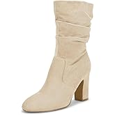 Coutgo Women's Mid Calf Slouchy Boots Suede High Heel Zip Stacked Chunky Block Round Toe Booties