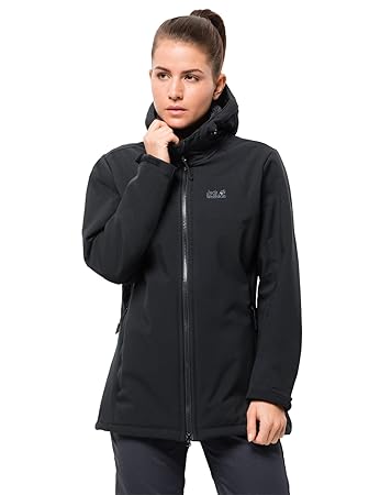 Jack Wolfskin Damen Rock Valley Long Jacket Winter-Softshellwinddicht Wasserabweisend Atmungsaktiv Softshelljacke, schwarz(bl