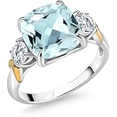 Gem Stone King 4.34 Cttw Sky Blue Simulated Aquamarine and Lab Grown Diamond 3 Stone Ring For Women | 925 Silver and 10K Yellow Gold | Cushion 10MM | Round 4MM