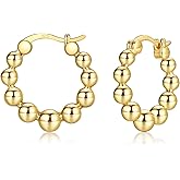 Nupdot Gold Chunky Hoop Earrings for Women | Thick 925 Sterling Silver Post Beaded Ball Huggies Earrings Lightweight Hypoallergenic Hoops Jewelry Gifts, 10/12/15mm