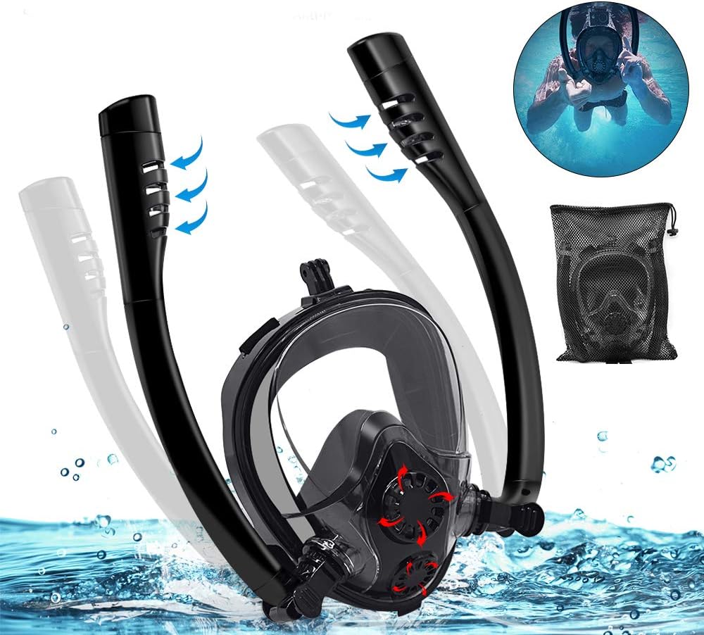 PADRAM Full Face Snorkel Mask Double Tube Easybreath Snorkeling Mask with Camera Mount Anti-Fog Anti-Leak 180° Field of View Diving Mask for Adults and Kids
