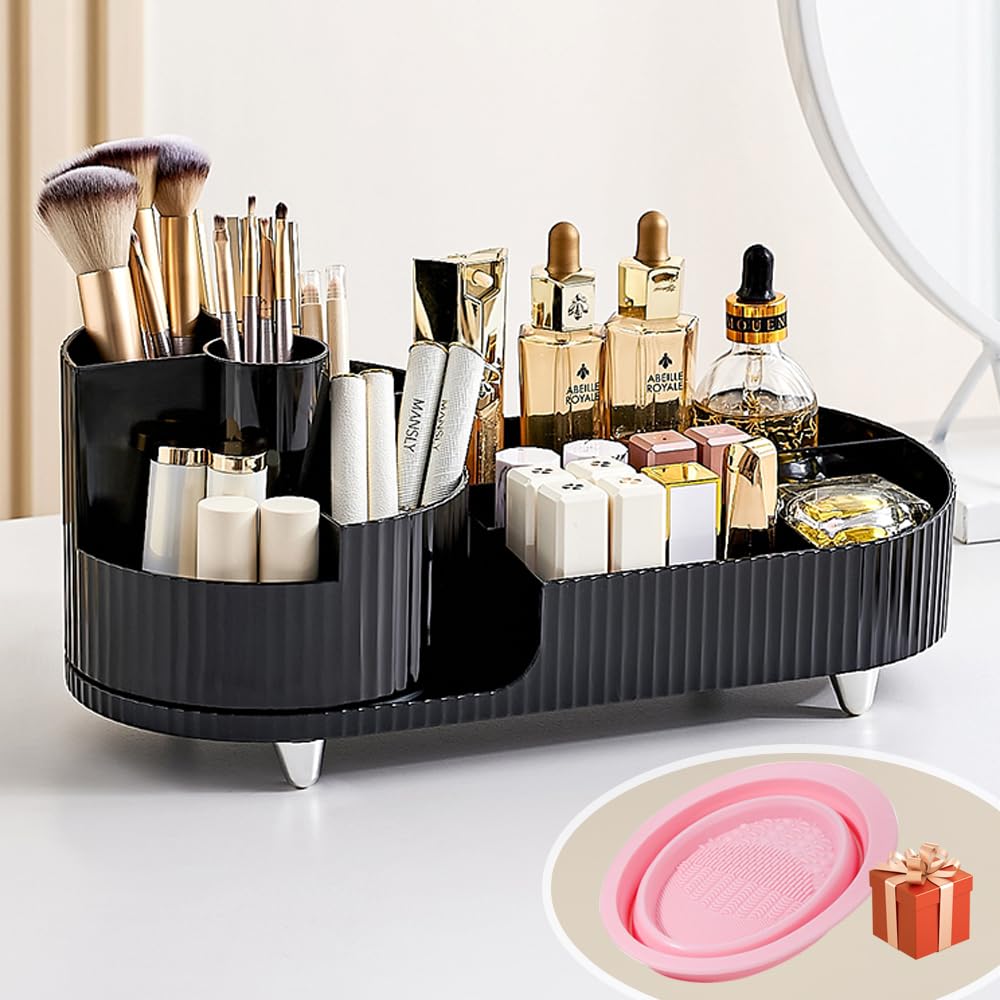 BULLA Makeup Organiser, 360 Rotating Makeup Organiser, Rotating Compartment 2 In 1 Cosmetic Storage, Makeup Organizer Storage Is Perfect for Dresser, Bathroom, Bedroom (Black) (BULLA0801) — image 1