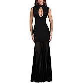Aprilake Women's Mesh Sheer Sleeveless Long Dress Mock Neck Bodycon Flowy Cocktail Party Maxi Dress