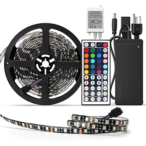 SUPERNIGHT Waterproof 5050 LED Strip Light – Black PCB 16.4ft 300leds Rope Lights with Remote Controller and 12V Power Adapter, Festival Lighting for Bedroom,Kitchen,Boat,TV,Indoor Decoration