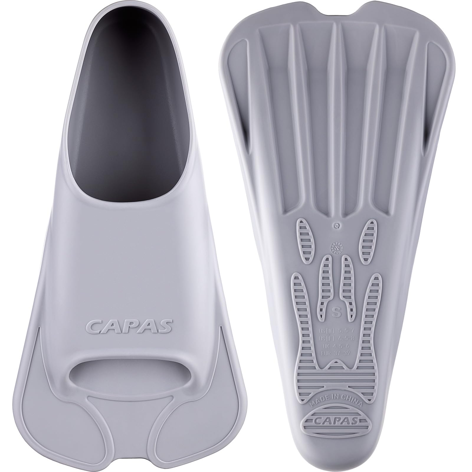 CAPAS Swim Training Fins Comfortable Silicone Swimming Floating Flippers with Mesh Bag for Kids Adult Men Women Short Blade Build Leg Strength (Grey, XXS (Kids UK Size 1-2.5))