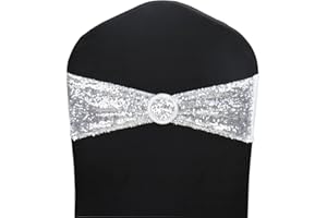 LIZIMI Chair Sashes Sequin Stretch Chair Bands Spandex Polyester Bows for Party Hotel Wedding Banquets Decoration -Silver 6 Pcs
