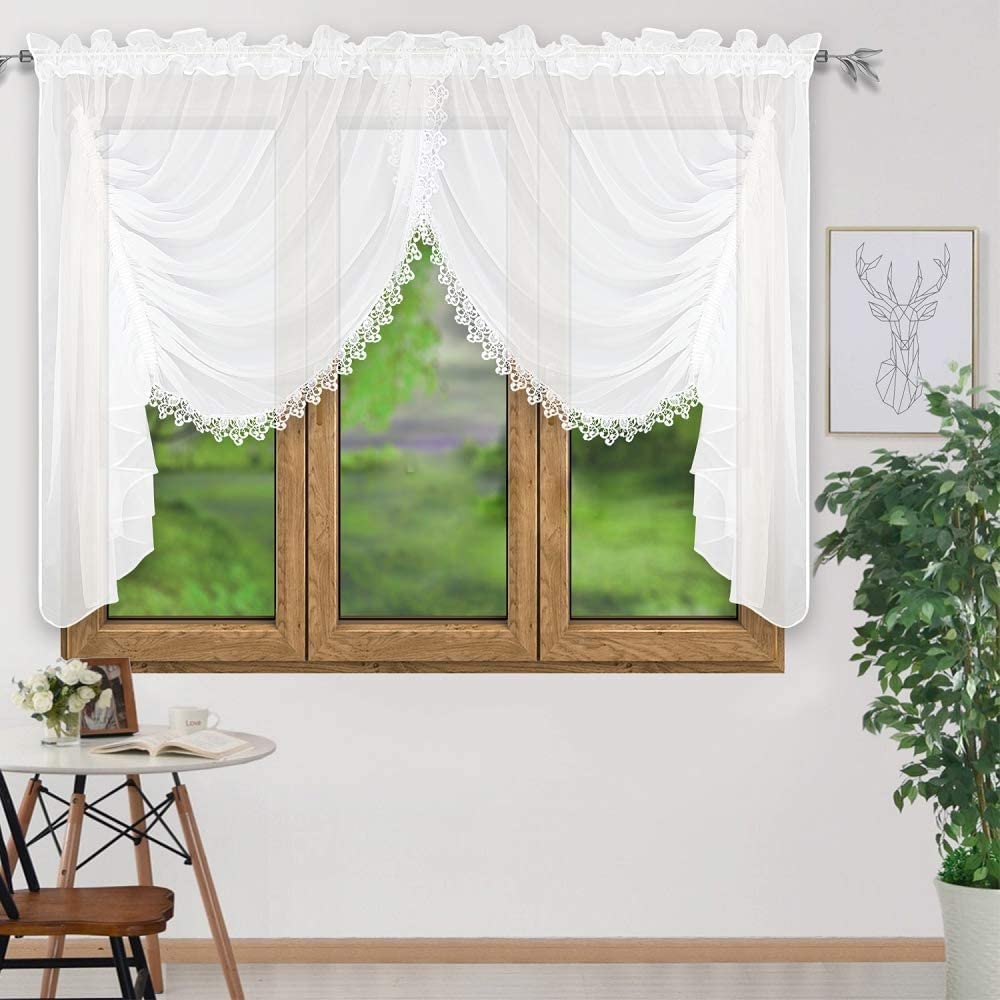FKL DESIGN Beautiful Short Curtain Windows for Living Room Bedroom Dinning Room Made of White Voile Stitched Guipure 150 cm x 400 (59" x 157.5")