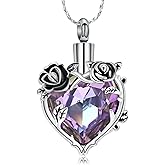 Cremation Urn Necklace for Ashes Cremation Jewelry Rose Flower with Heart Crystal Urn Pendant Keepsake Memorial Jewelry for Women Girls