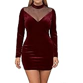 QIANZHIDU Women's Velvet Mesh Sheer Mock Neck Long Sleeve Bodycon Party Mini Dress
