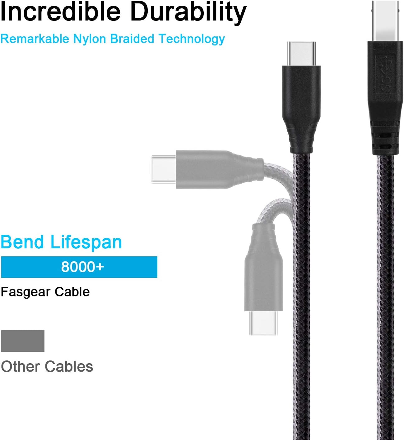 Fasgear 1.83m Type C to USB B 3.0 Cable Nylon Braided USB C Male to Type B Male Cord (6ft, White) - Image 3