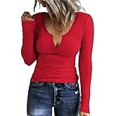 AKEWEI Women's Soft V Neck Ribbed Knit Shirts Basic Long Sleeve Tops Comfortable Long Sleeve Shirts Tunic Blouse Clothes