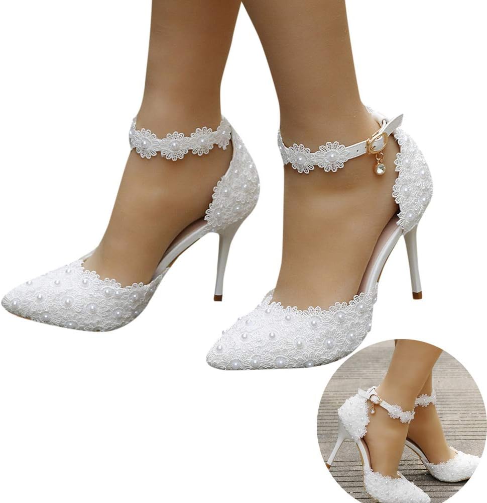 Woman Bridal Shoes Pearl Lace Floral Embroidery Stiletto Comfy Heel Lace Satin Pumps Satin Flower Net Yarn Wedding Party Shoes