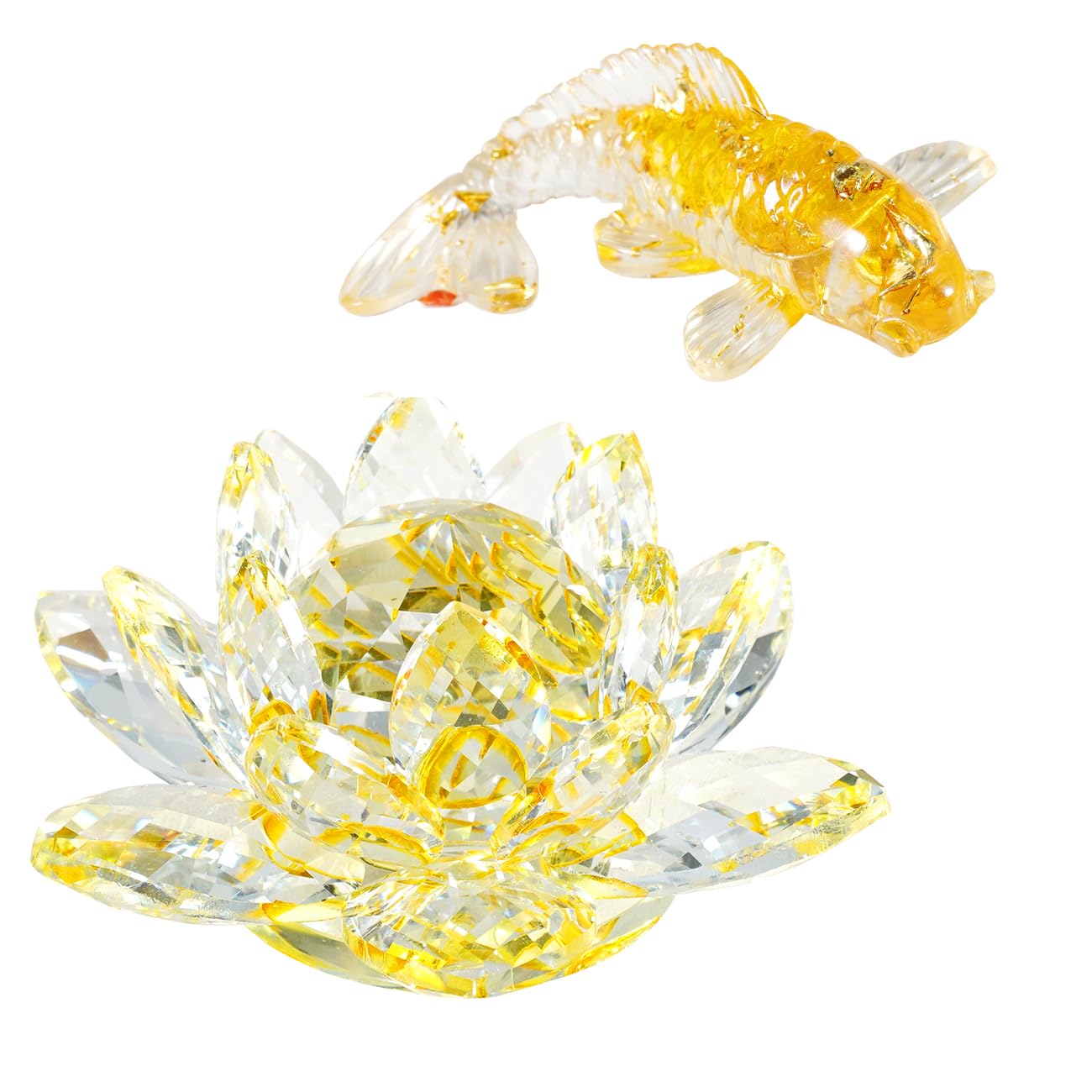 Soulnioi Yellow Crystal Lotus Flower Ornaments Tealight Candle Holder and Citrine Crystal Crushed Stones Koi Fish Ornaments for Home Office Desk Car Decoration Gift for Friends