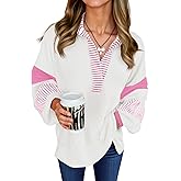 Fisoew Womens Color Block Oversized Sweatshirt Polo V Neck Long Sleeve Shirts Casual Loose Pullover Tops
