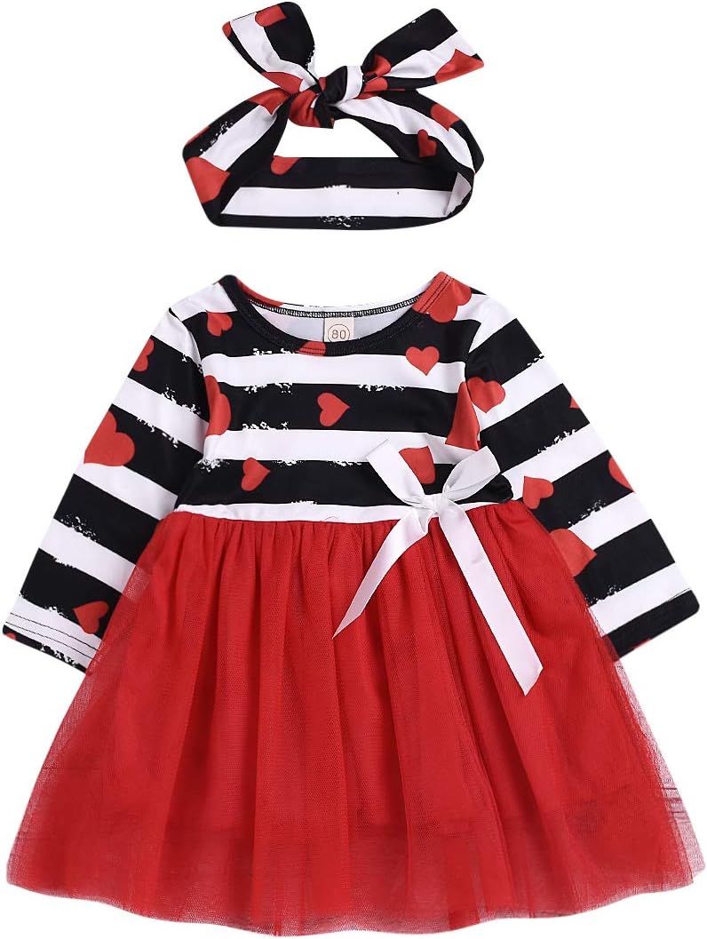ZOELNIC Baby Girls Valentine Long Sleeve Dress Toddler Girl Heart Striped Red Tutu Dress + Headband (Red, 6-12 Months)