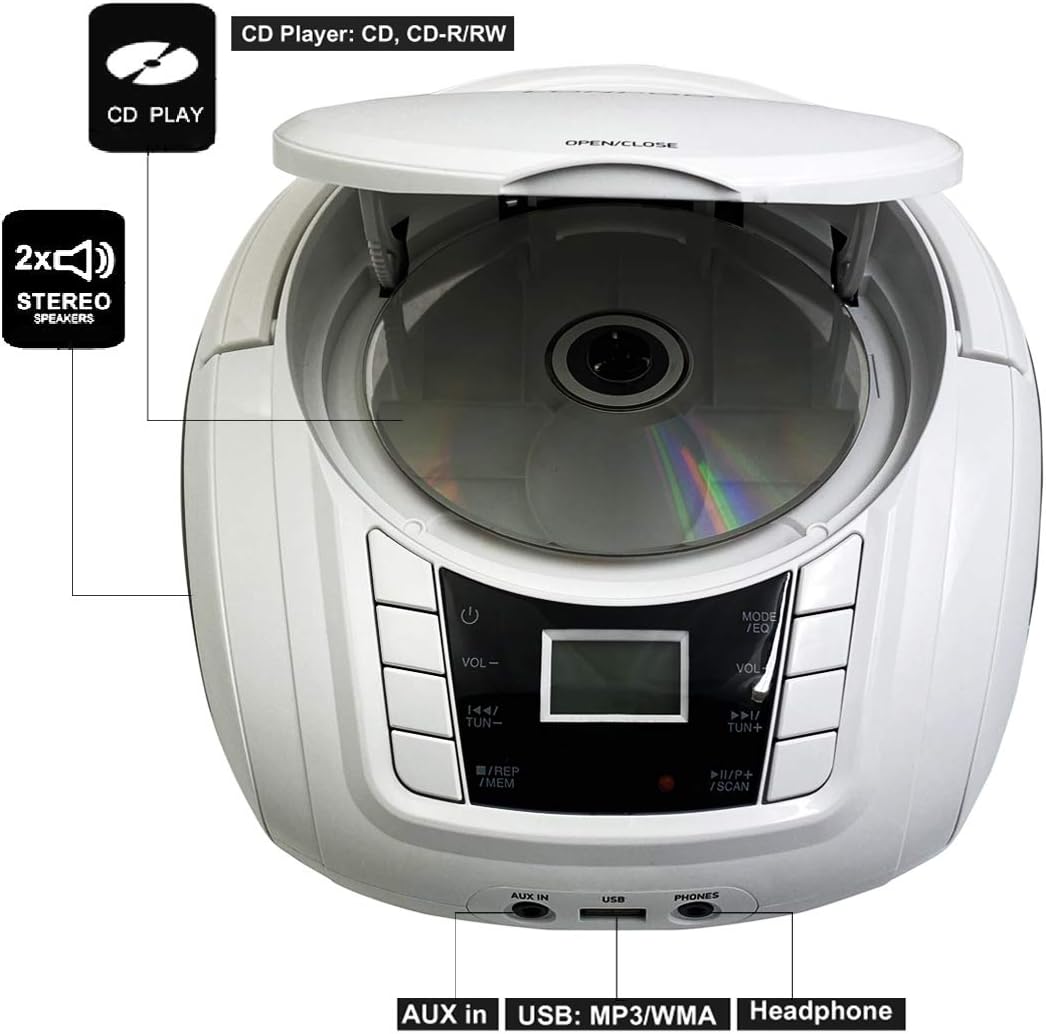 LONPOO Kids CD Player Portable Boombox with Bluetooth, FM Radio, 3.5mm