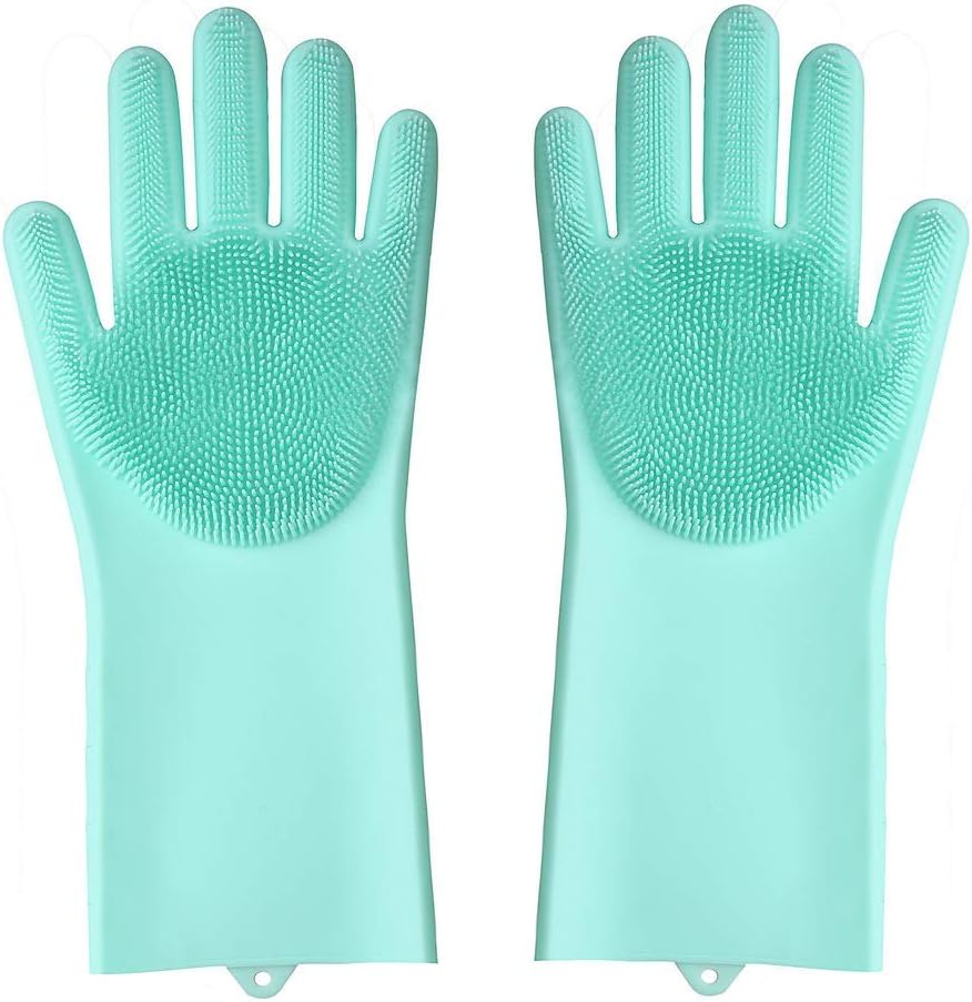 Okayji Silicone Kitchen Magic Gloves for Rubber Dish Washing with Brush Cleaning Scrubber (Green)